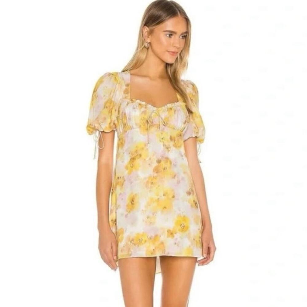NWOT For Love & Lemons Zinna Babydoll Mini Dress Lemonade Floral Yellow Medium - Picture 2 of 16